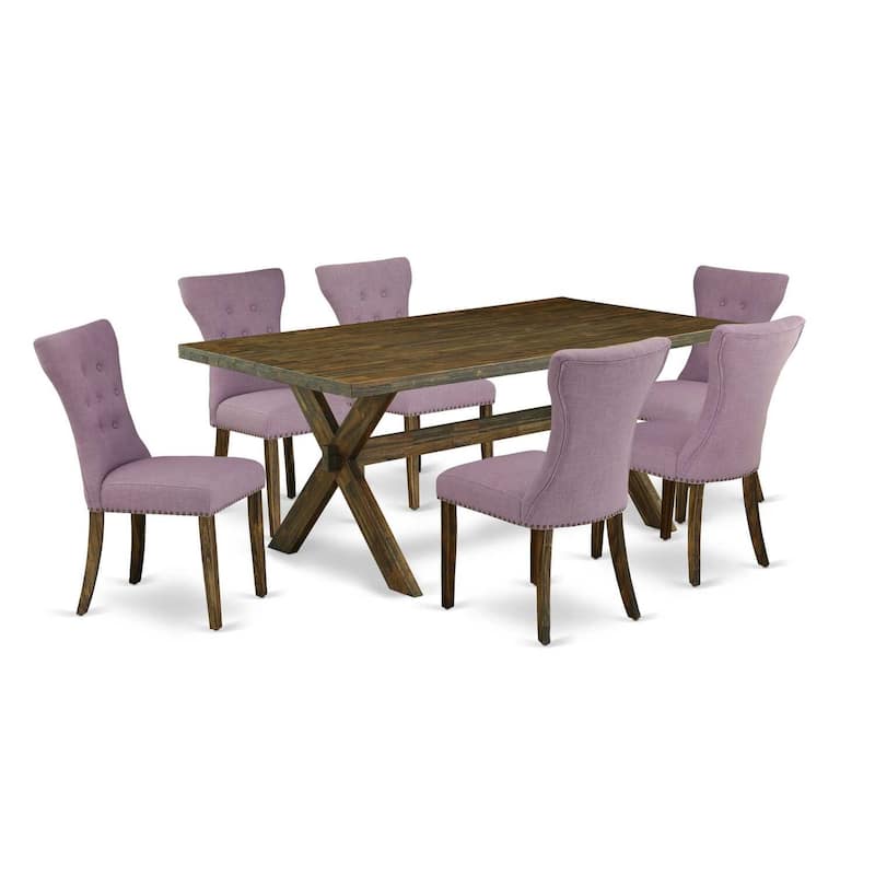 Gothic Glamour 7 Piece Dining Set - Hardwood Table & 6 Parson Chairs - Dark Khaki Upholstered Dining Room Set