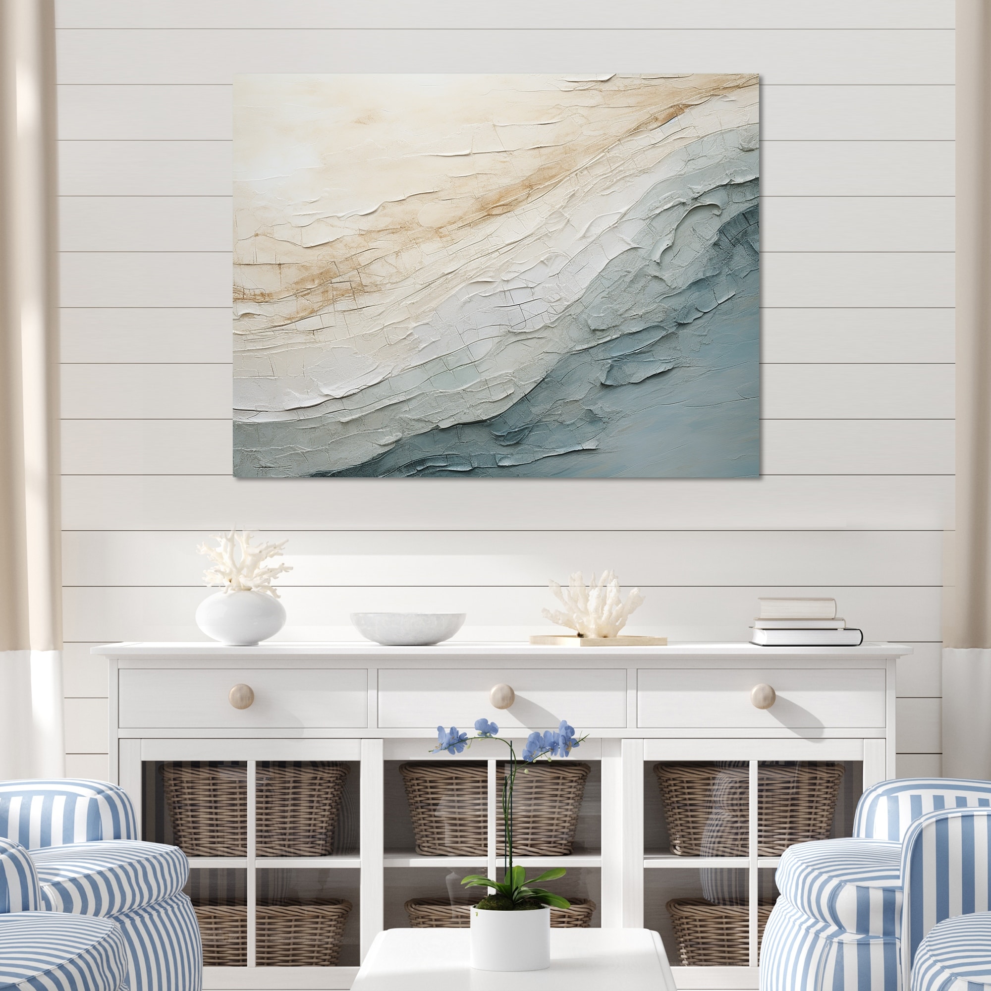 Designart "Minimalism Beige And Grey Wave Horizon I" Coastal Minimalism Wall Art Print