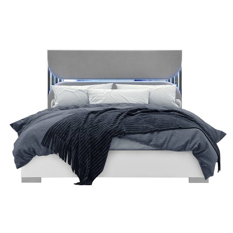 HomeRoots White and Gray Wood And Upholstery Lighted King Bed Frame