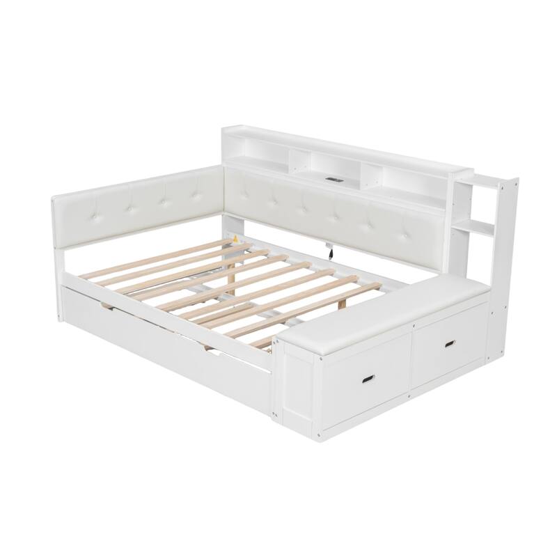 Full Size L-shape Daybed, Captains Bed with Trundle, Bookcase Built-in Charging Station, Upholstered Storage Bench and Headboard