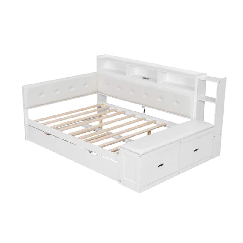 Full Size Wood Daybed with Trundle, Padded Bench, Charging Station, and Upholstered Headboard by Harper&Bright Designs