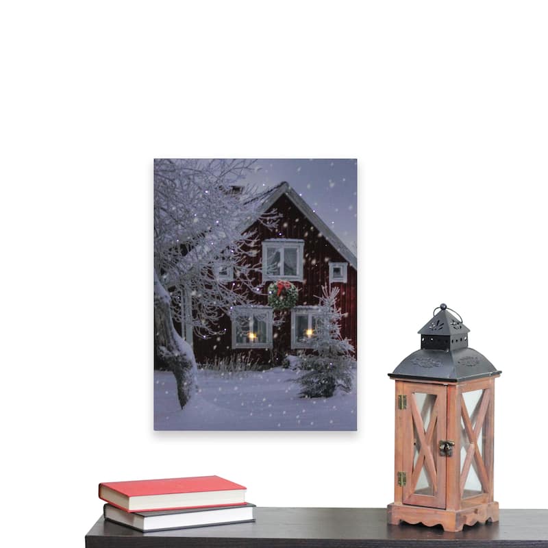 LED Fiber Optic Red Snowy Barn House Christmas Wall Art 15.75 x 12