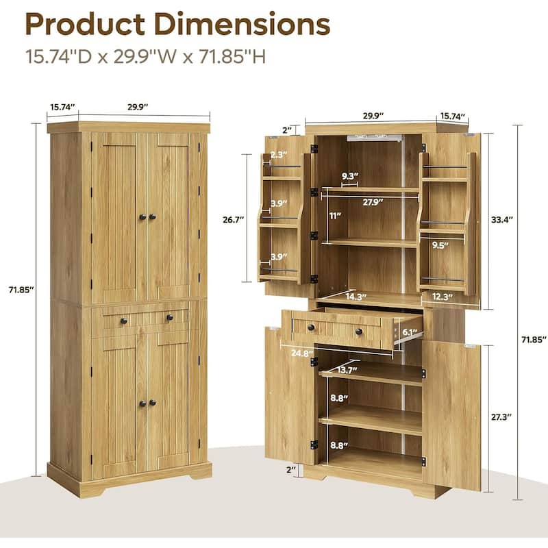 72" Tall Kitchen Pantry Cabinet with Adjustable Shelves, Door Shelves and Drawer,White Large Storage Cabinet with Sensor Light