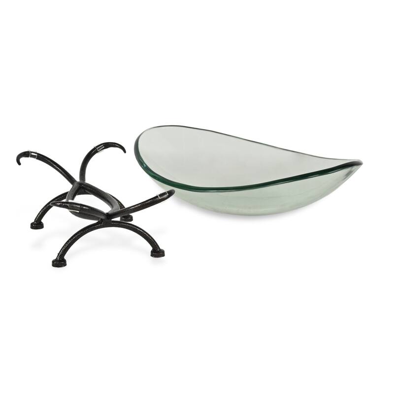 HomeRoots 17" Clear And Black Glass And Metal Oval Decorative Bowl With Stand - 17.25 in. x 7.00 in. x 11.50 in.