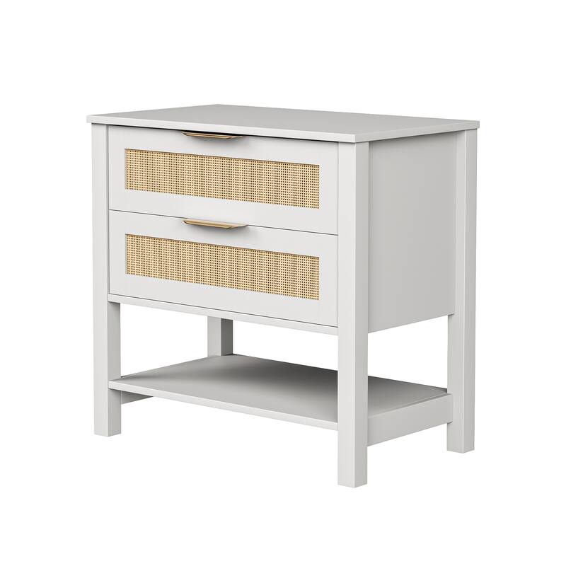 Rattan Nightstand with 2 Drawers and Storage Shelf Boho Bedside Narrow Side Table for Bedroom