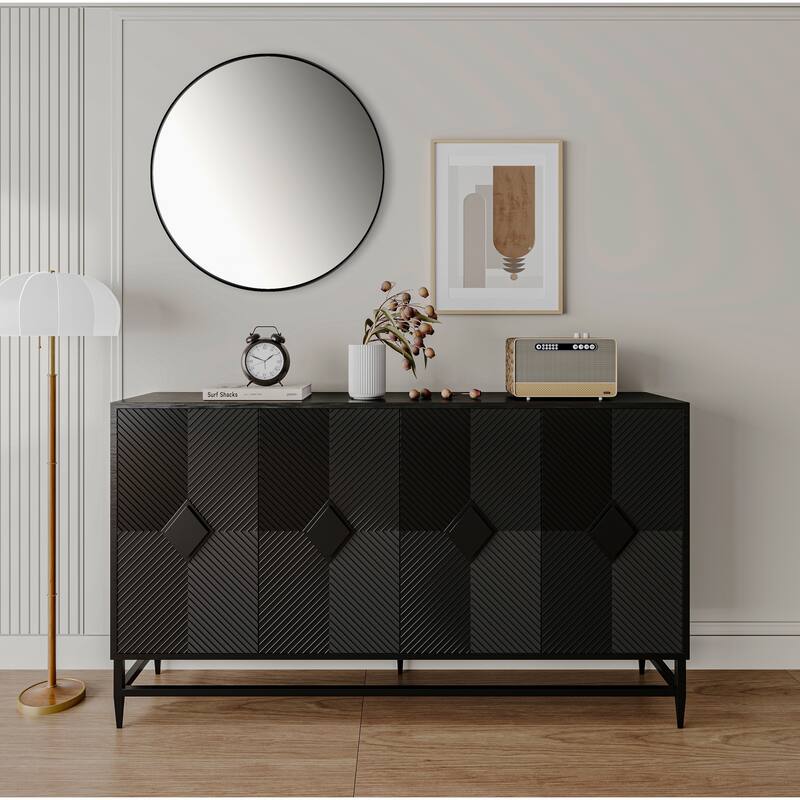 Modern Storage Sideboard with Diamond Handles and Adjustable Shelves, Matte Black Finish, 59.84" Length - Black