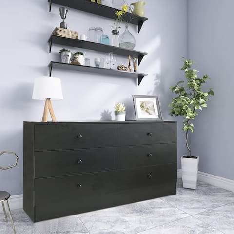 Black Chest of Drawers Wood Storage Cabinet with 6 Drawers