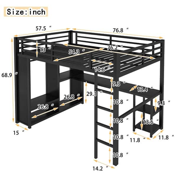 dimension image slide 2 of 4, Loft Bed with Built-in Wardrobe, Desk, and Storage Shelves, Space-Saving Design