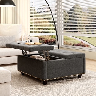 Large Dark Gray Square Ottoman with Storage, Mid-Century