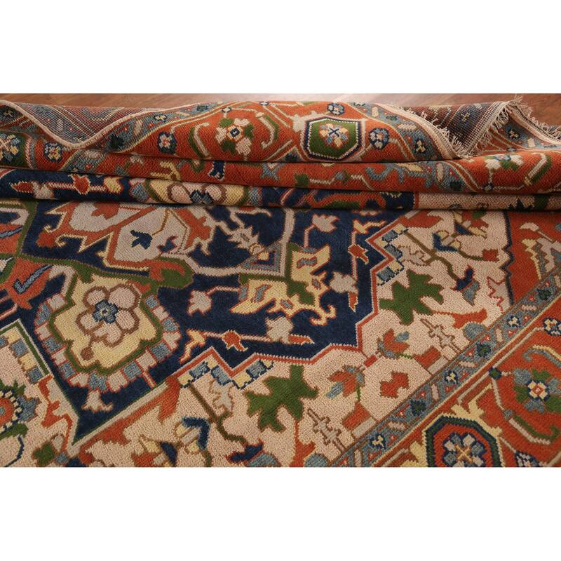Peach Geometric Heriz Serapi Indian Area Rug Hand-Knotted Wool Carpet - 8'11" x 11'8"