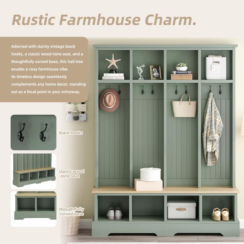Farmhouse 59 in Hall Tree with 8 Hooks, Bench with Open Cubbies, 76.7 in H Entryway Coat & Shoe Organizer