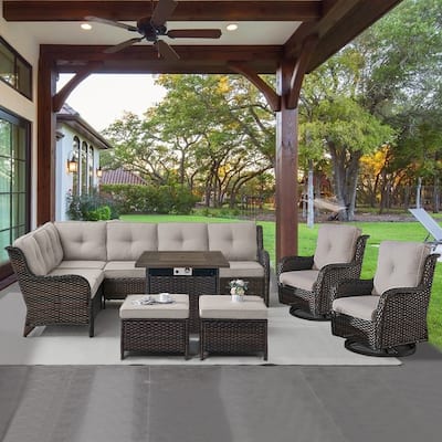 Gymojoy 6-Piece Outdoor Wicker Patio Furniture with Fire Pit and L-shaped Sectional Sofa, Coversation Set with Thick Cushions