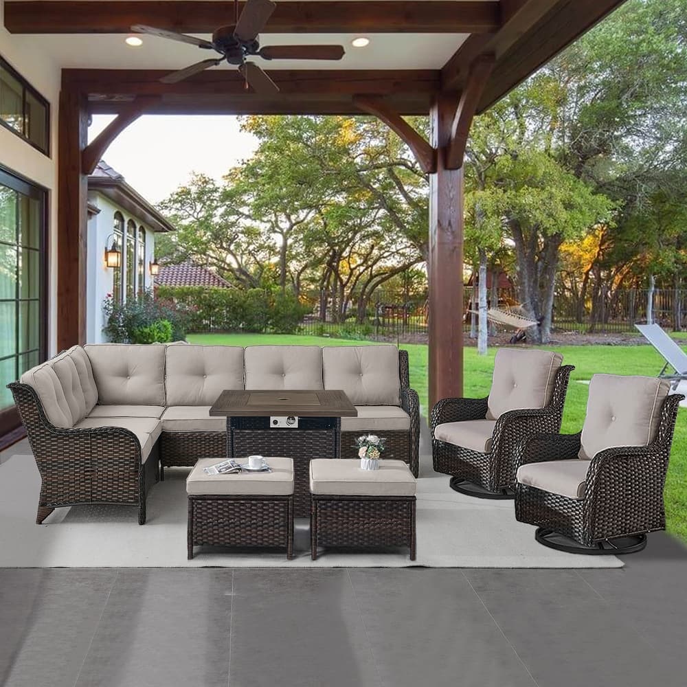 Gymojoy 6-Piece Outdoor Wicker Patio Furniture with Fire Pit and L-shaped Sectional Sofa, Coversation Set with Thick Cushions