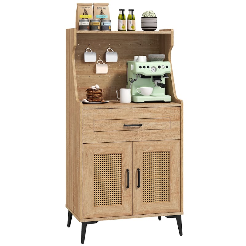 Gymax Coffee Bar Cabinet w/Pegboard Storage Drawer & Adjustable Shelf - Oak