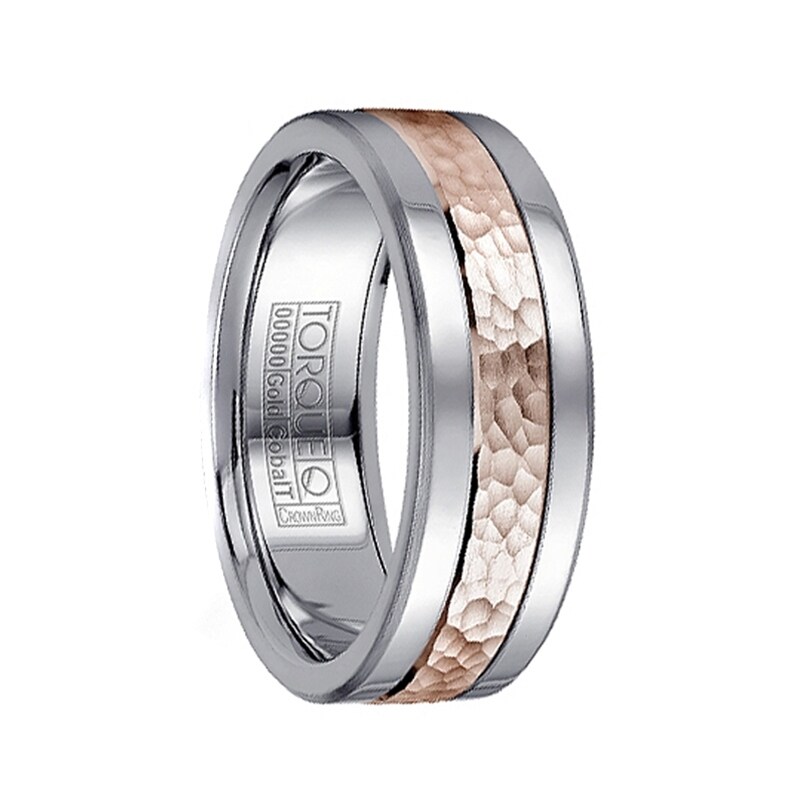 Dual Grooved Polished Cobalt Men S Wedding Band With Hammered 14k Rose Gold Inlay By Crown Ring 7 5mm On Sale Overstock 16914605