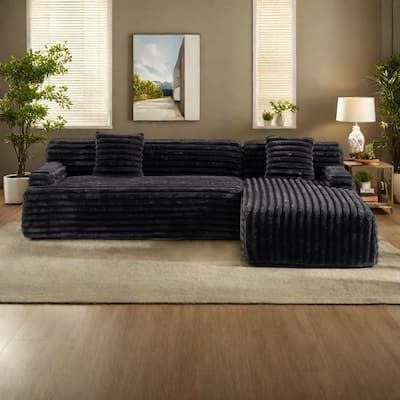110" Faux Fur Cloud 3-Seater sat L-Shaped Sectional Sofa with Two Included Throw Pillows