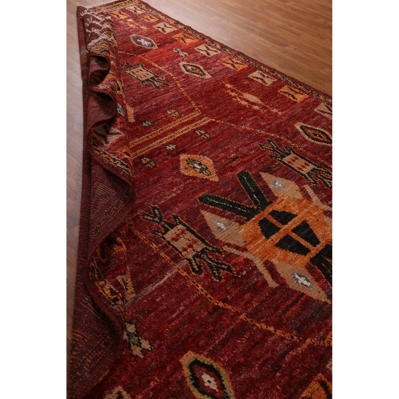 Hand Knotted Oriental 100% Wool Carpet Modern Tribal Red Moroccan Area Rug - 9' 10'' X 6' 11''