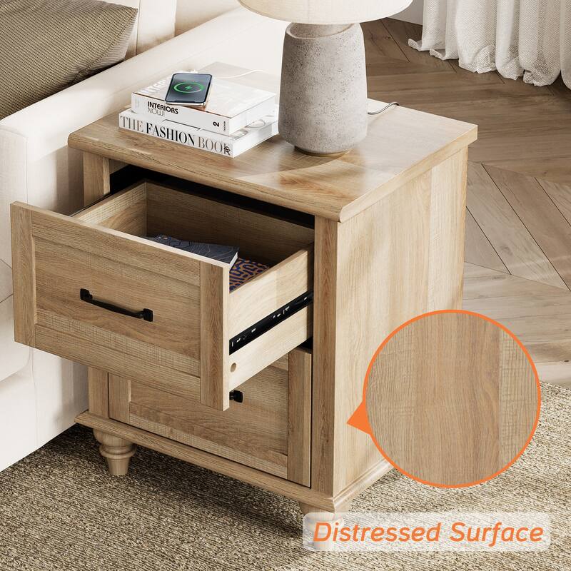 Nightstand with Charging Station, 2-Drawer End Table for Bedroom