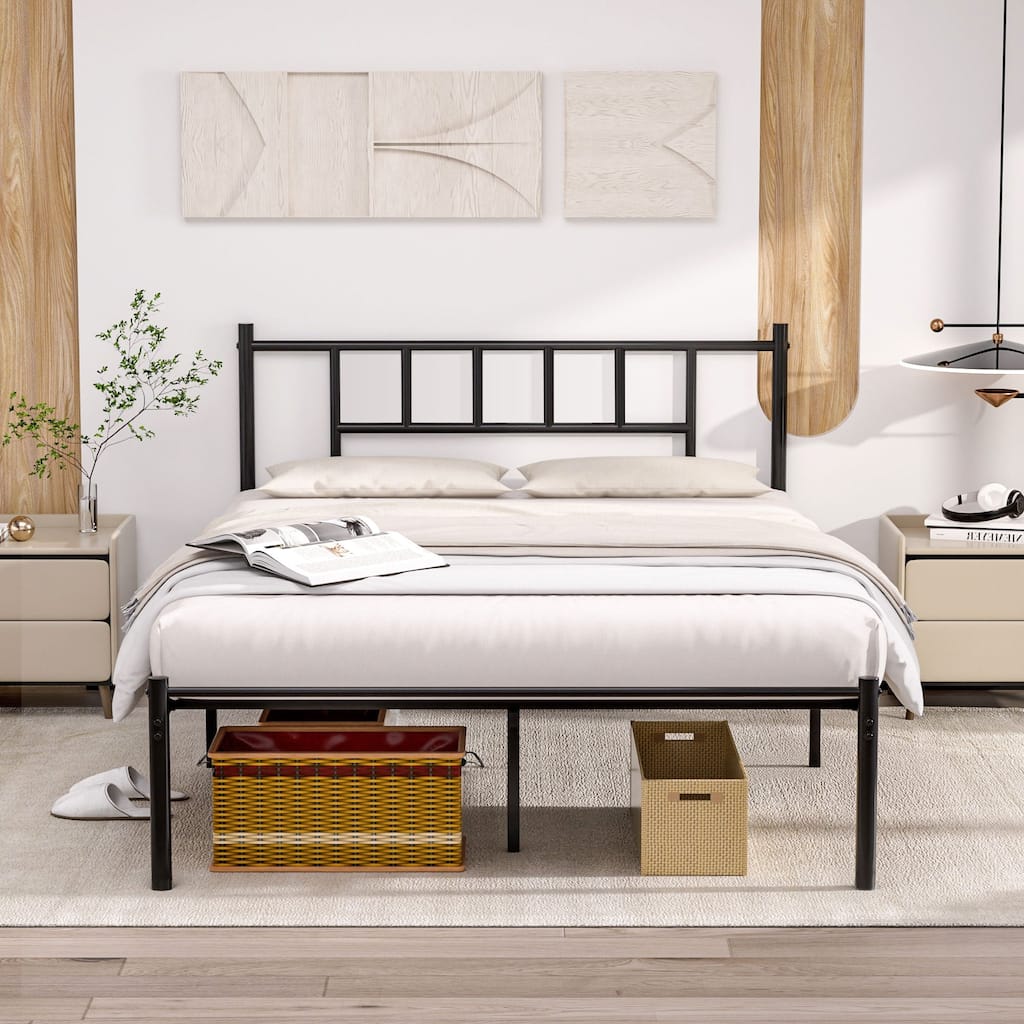 VECELO Victorian Style Metal Platform Bed Frame with Headboard & 12.6" Under Bed Storage-Twin/Full/Queen Size Steel Bed