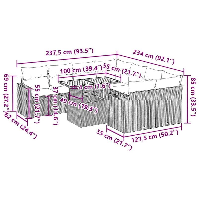 vidaXL Patio Sofa Set with Cushions Center and Corner Seats 9 Piece Poly Rattan - 21.7 x 39.4 x 28.7