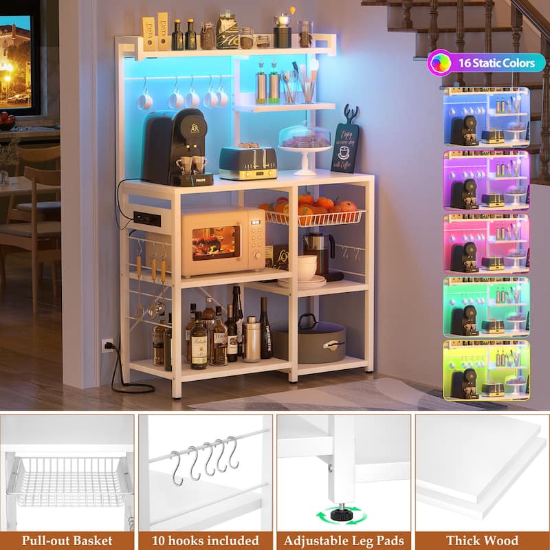 Bakers Rack with Power Outlet and LED Light Strings, Kitchen Storage Shelf