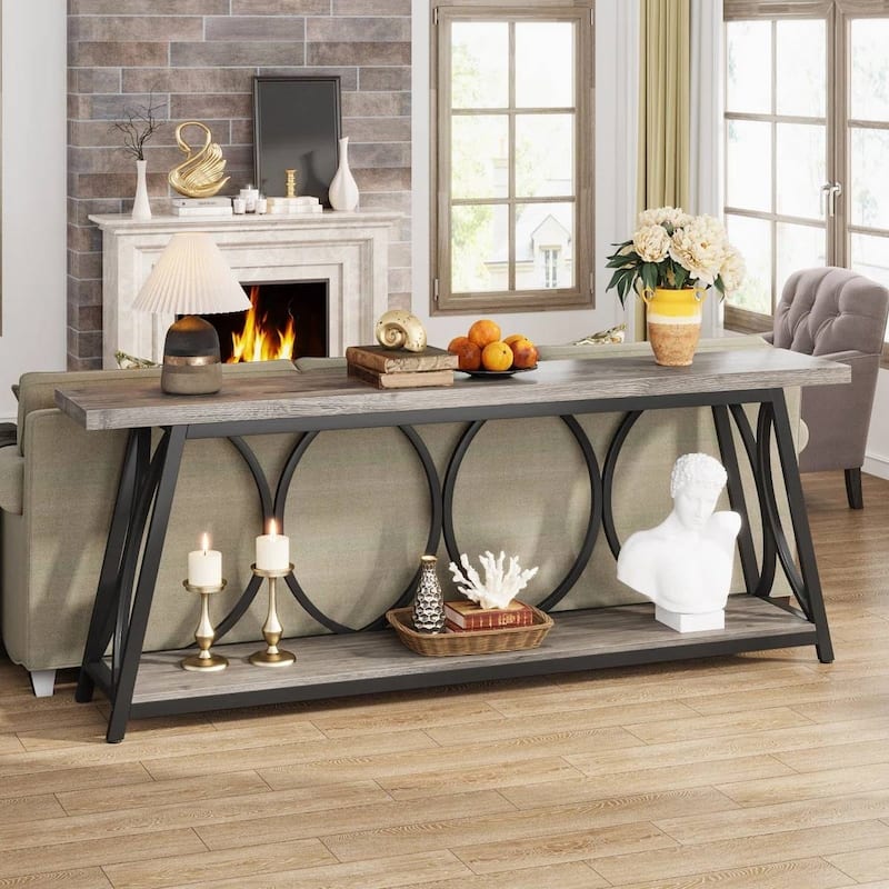 Wood Top Particleboard Steel Console Table with Shelf - 70.87” L x 31.50” H x 11.81” D