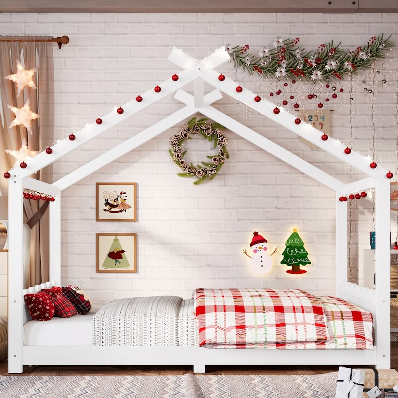 Queen/Full/Twin Solid Wood House Floor Bed, No Box Spring Needed