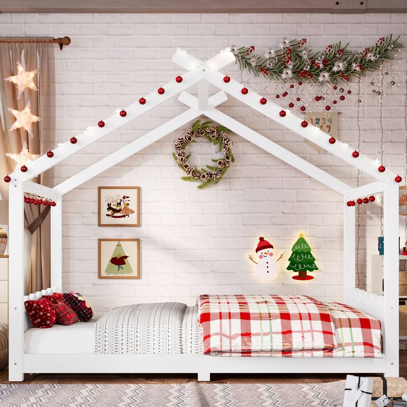 Roomfitters House Floor Bed with Support Slats, Solid Wood Open Frame Design