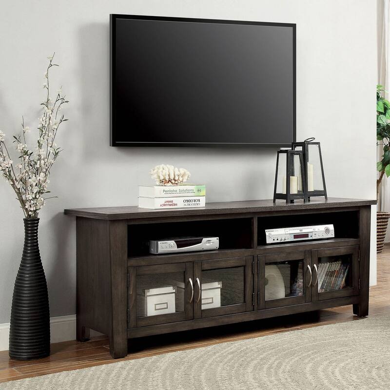 Wooden TV Stand with Four Glass Doors in Gray Finish