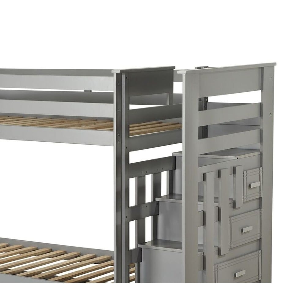 Gray Benjara Transitional Twin Size Bunk Bed with 5 Drawers and Attached Trundle 