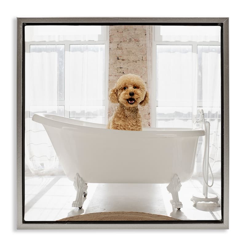 Stupell Happy Puppy in Bathtub Framed Floater Canvas Wall Art Design By CAD Designs - 18 x 18 - Grey