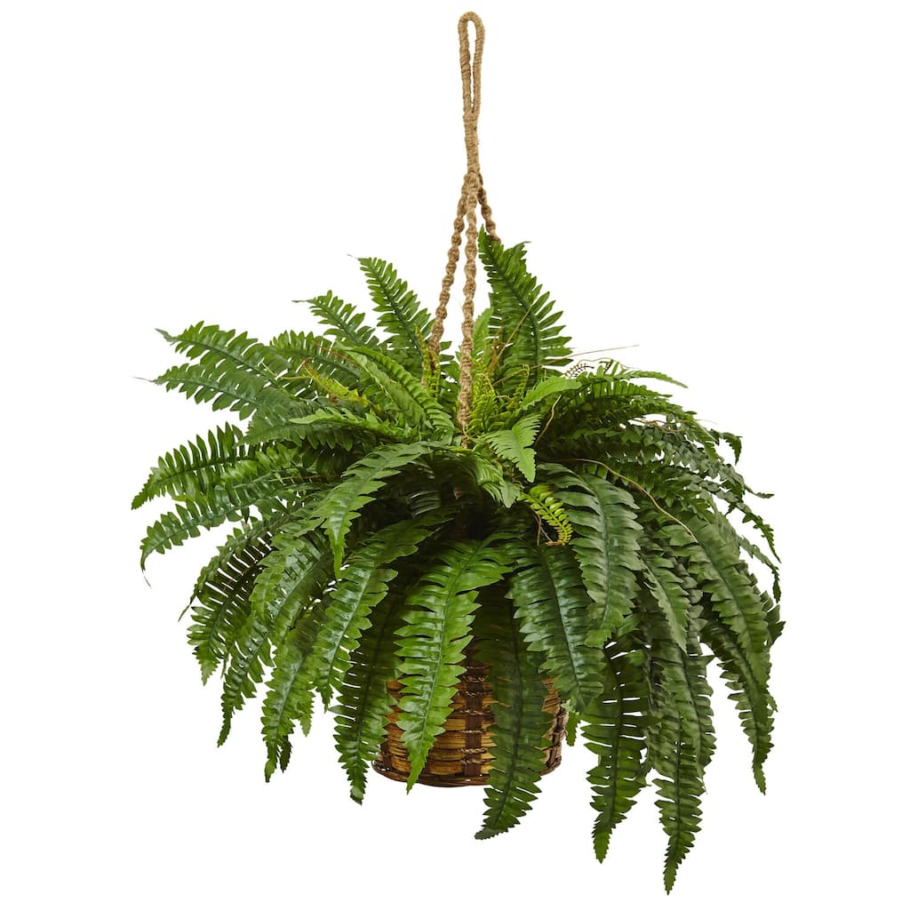 Faux Fern Hanging Basket - 29 Inch Realistic Greenery Decor - Island Interiors Indoor Outdoor Plant