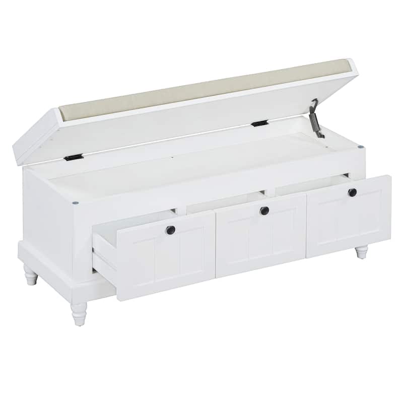 Storage Bench with Cushioned Seat & 3 Drawers, Wooden Entryway Storage Bench, Shoe Bench with Hidden Storage Space