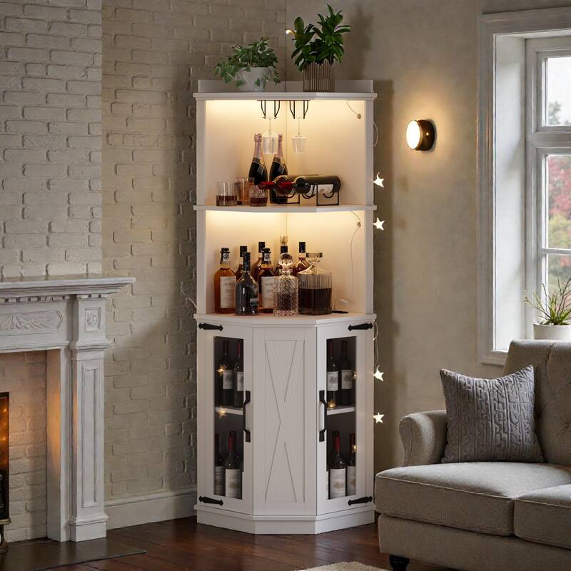 67.3" Corner Bar Cabinet with LED Lights and Power Outlets, Farmhouse Wine Bar with Glass Rack and Adjustable Shelves