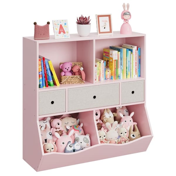 slide 2 of 7, Kids Bookcase and Bookshelf with Cubby Cabinet and Drawers Pink