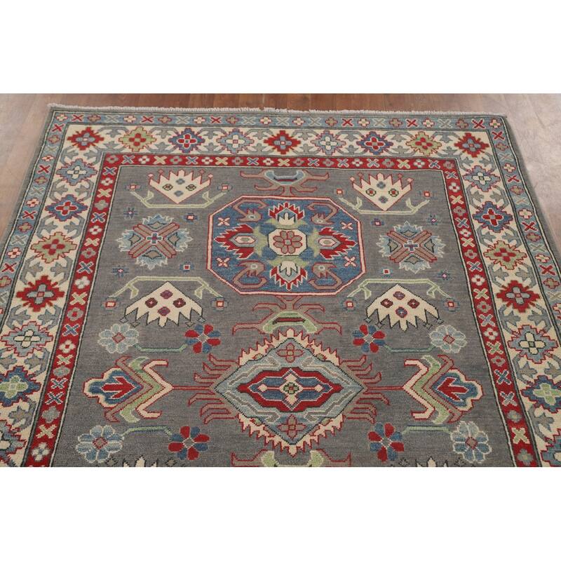 Gray Geometric Kazak Area Rug Hand-Knotted Oriental Wool Carpet - 4'11" x 6'6"