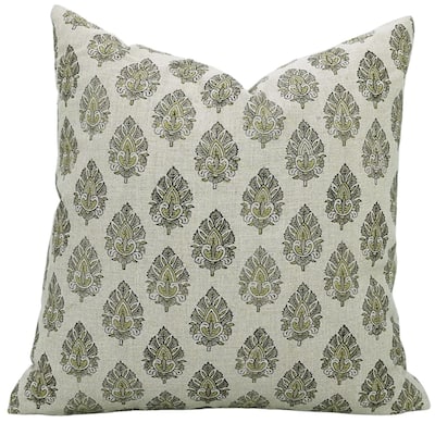 Linen Farmhouse Block print pillow Cover - Betal Leaf