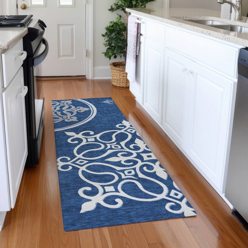 Premium Washable Super Soft Transitional Scroll Mayfield Rug - Navy - 2'3" x 7'6"