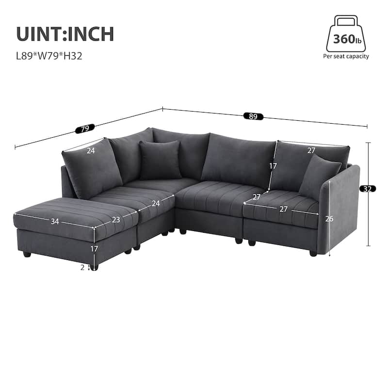 89" L-Shaped 5 Seater Sectional Sofa with Convertible Ottoman and 2 Pillows, Vertical Stripe Design