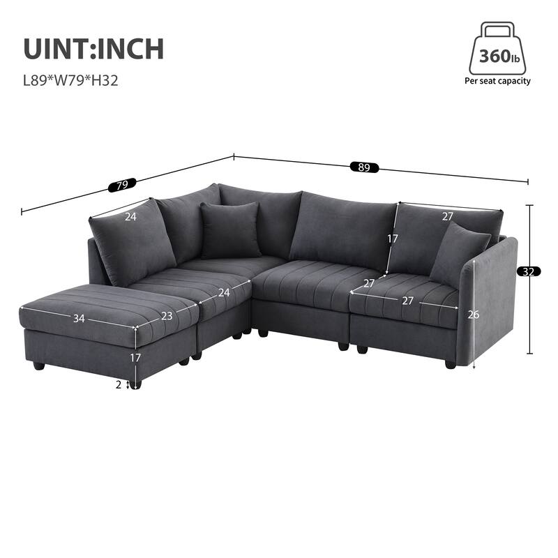 89" Polyester Modular Sectional Sofa with Deep Seat, Vertical Stripes, Movable Ottoman, and 5-Seat L-Shaped Design
