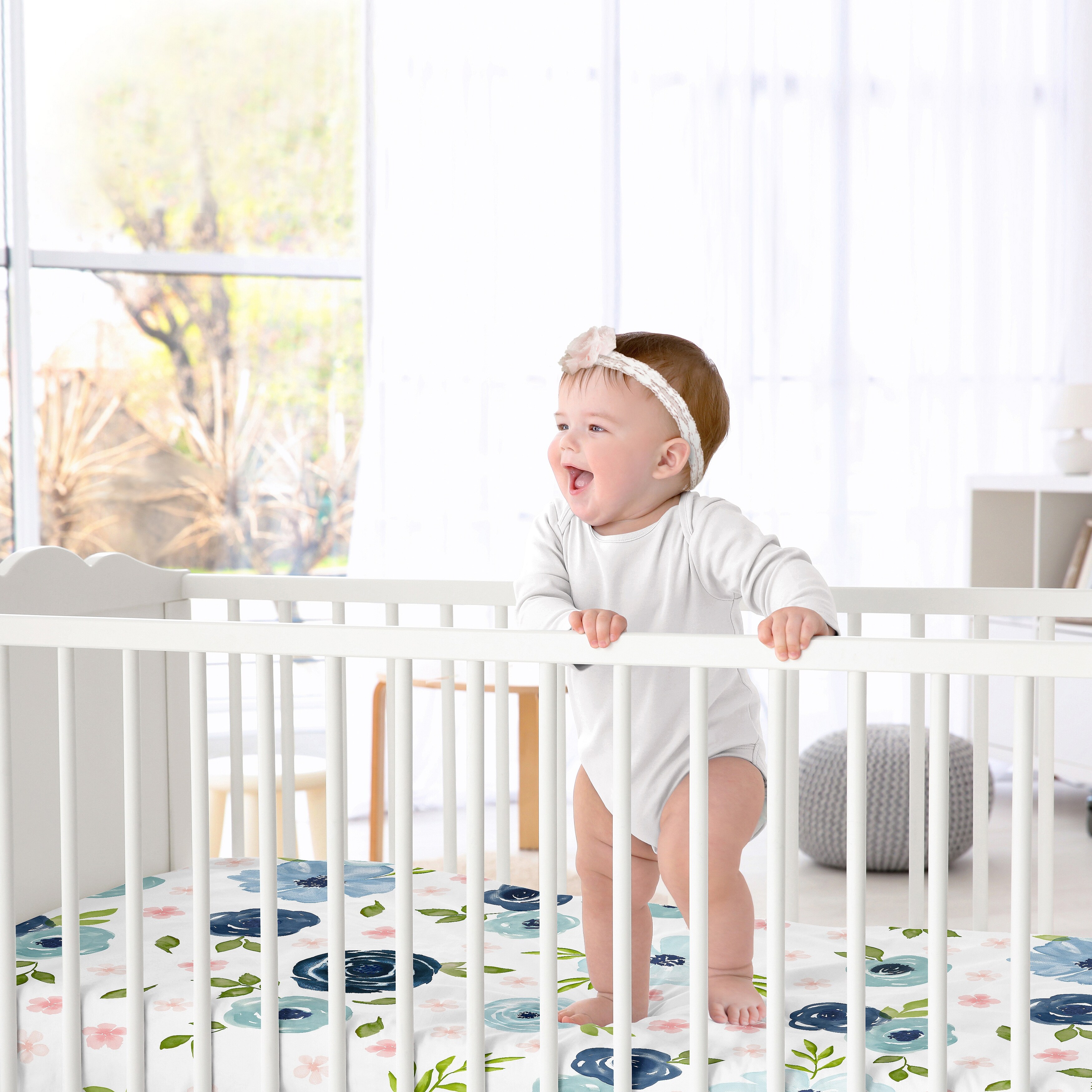 Pink and navy crib sheets sales