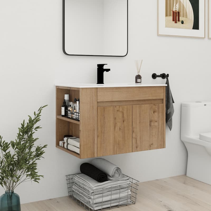Bathroom Vanity With Sink In 30 Inch, Floating Bathroom Vanity With Soft Close Door and Shelf - 30"W x 18.31"D x 19.69"H - Imitative Oak-White