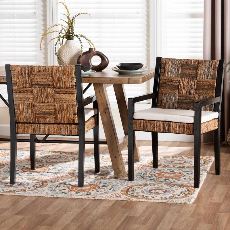 Raniya Handwoven Seagrass Dining Chair Set of 2- Solid Mango Wood Frame with Woven Seat and Backrest, Black