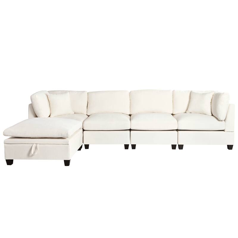 Modular L Shaped Sofa 127.6" Upholstered Sectional Couch with Removable Storage Ottoman 2 Hidden Cup Holders - Beige