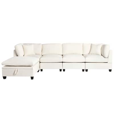 Modular L Shaped Sofa 127.6" Upholstered Sectional Couch with Removable Storage Ottoman 2 Hidden Cup Holders