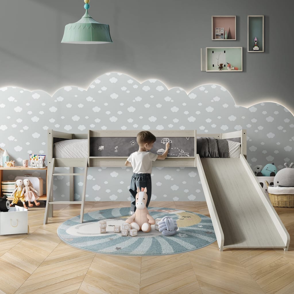 CraftPorch Classic Twin Low Loft Bed with Chalkboard, Slide and Ladder
