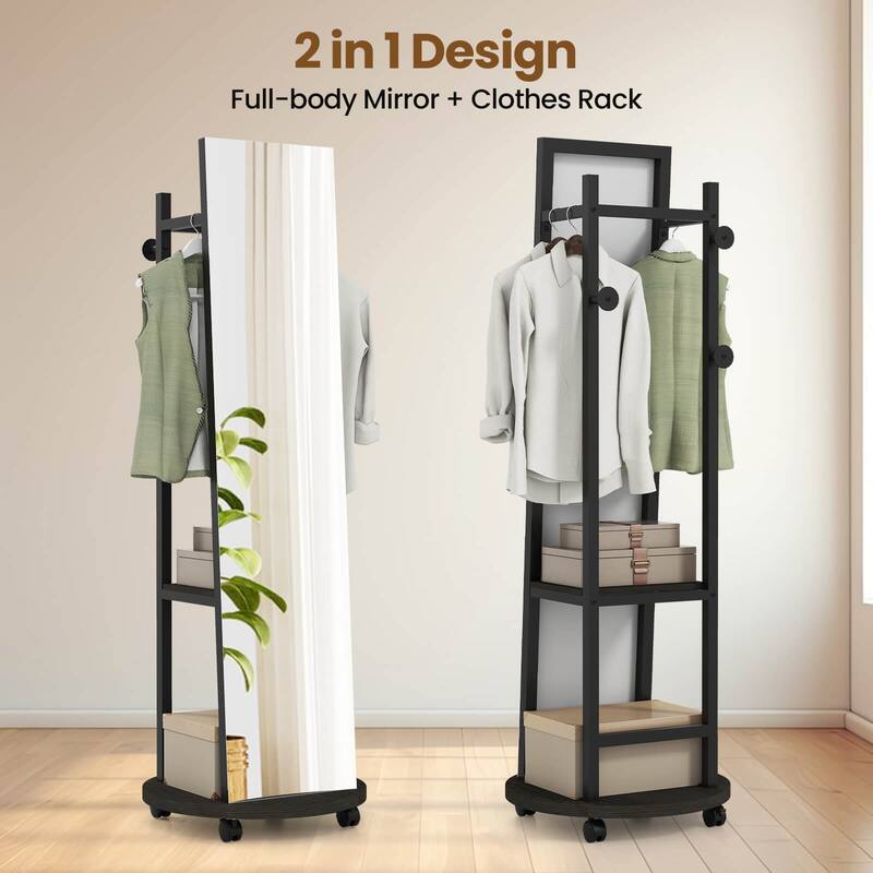 Costway Coat Rack with Full Length Mirror, 3 Hooks & Storage Shelves, - See Details