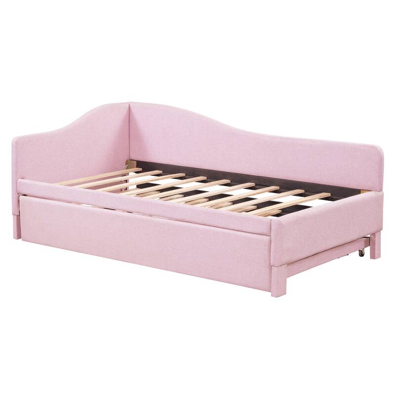 Twin Size L-Shaped Upholstered Daybed with Pull-Out Trundle, Linen Fabric, Convertible to Irregular King