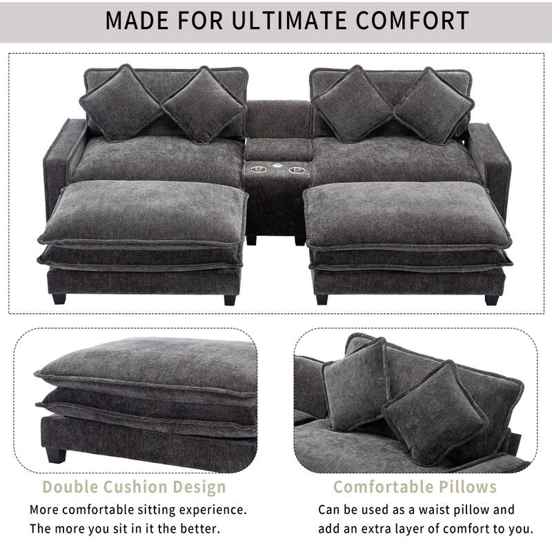 111" Chenille Upholstered Sectional Sofa with 2 Ottomans and 2 USB Ports, 2 Cup Holders