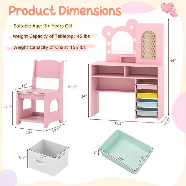 dimension image slide 0 of 2, Costway Kids Vanity with Lights with 5 Drawers & 2 Compartments, - See Details